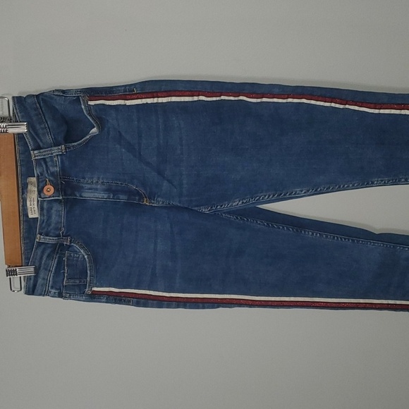 Zara Jeans Womens Size 6 Blue With White Glitter Red Side Stripes Raw Cut Frayed - Picture 6 of 12